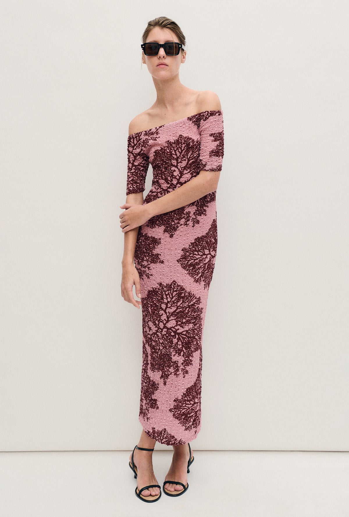 PEBBLE OFF THE SHOULDER DRESS PRESSED CORAL