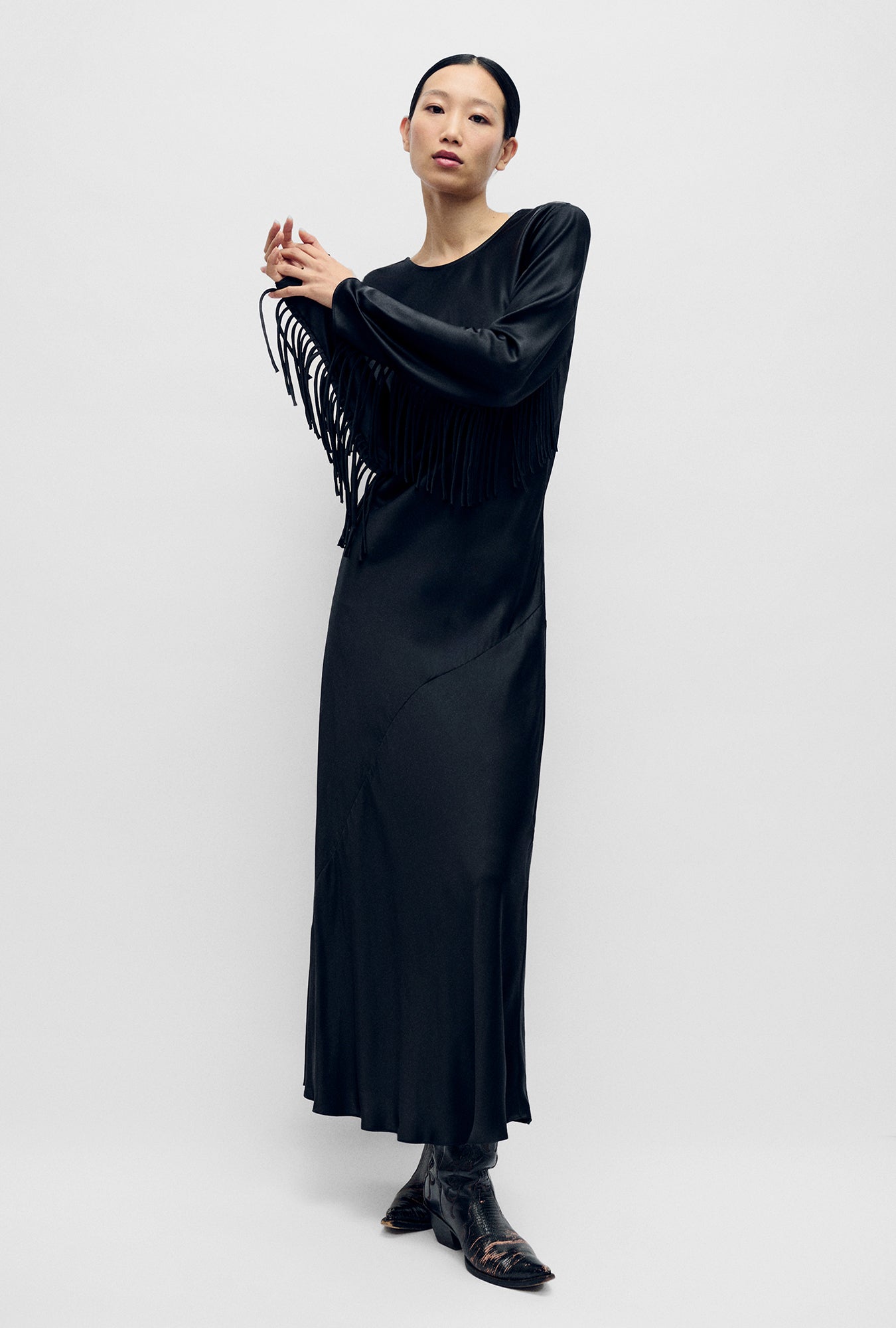 FRINGE FULL SLEEVE BIAS DRESS BLACK