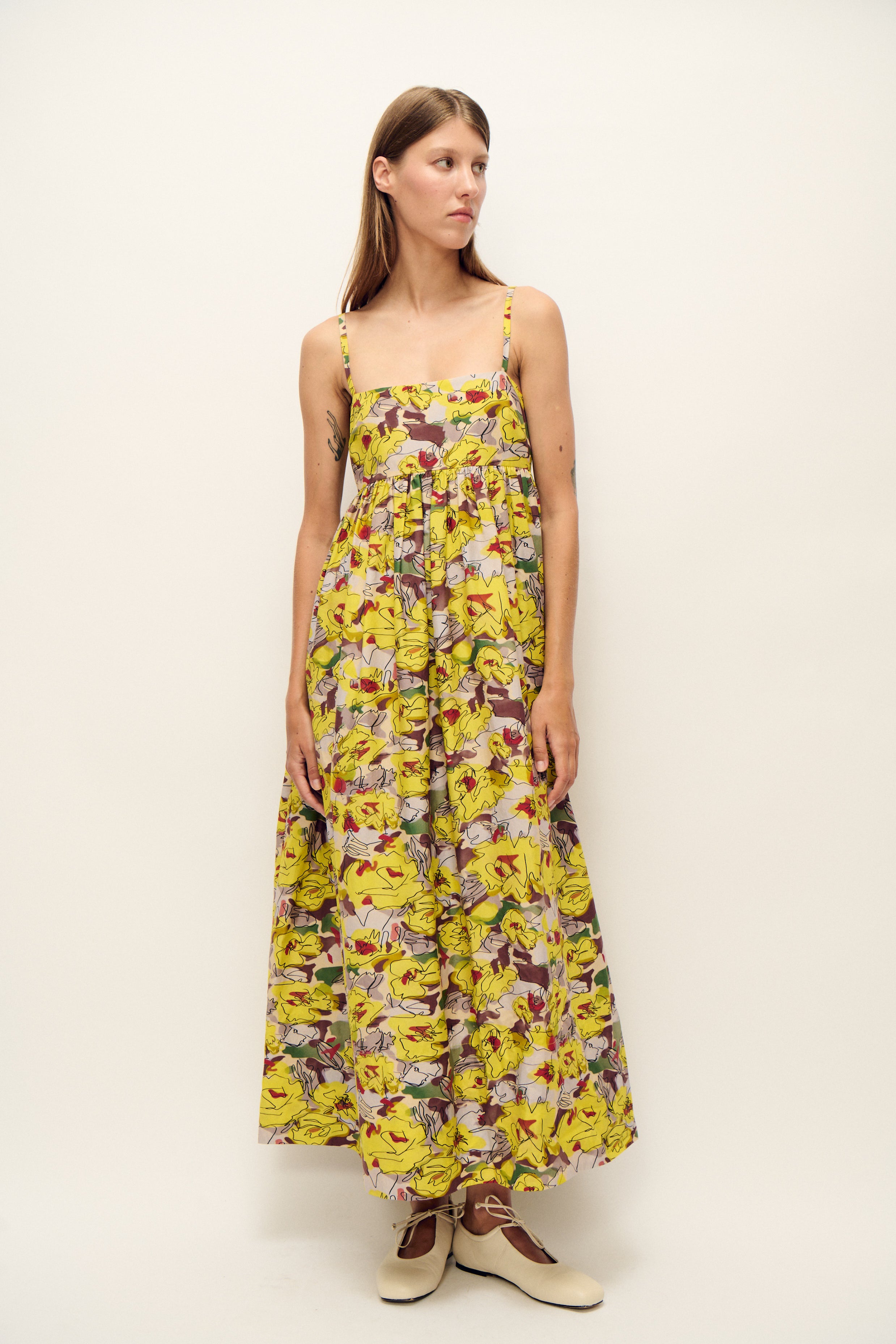 COTTON SILK TULIP DRESS SUNFLOWER FLORAL