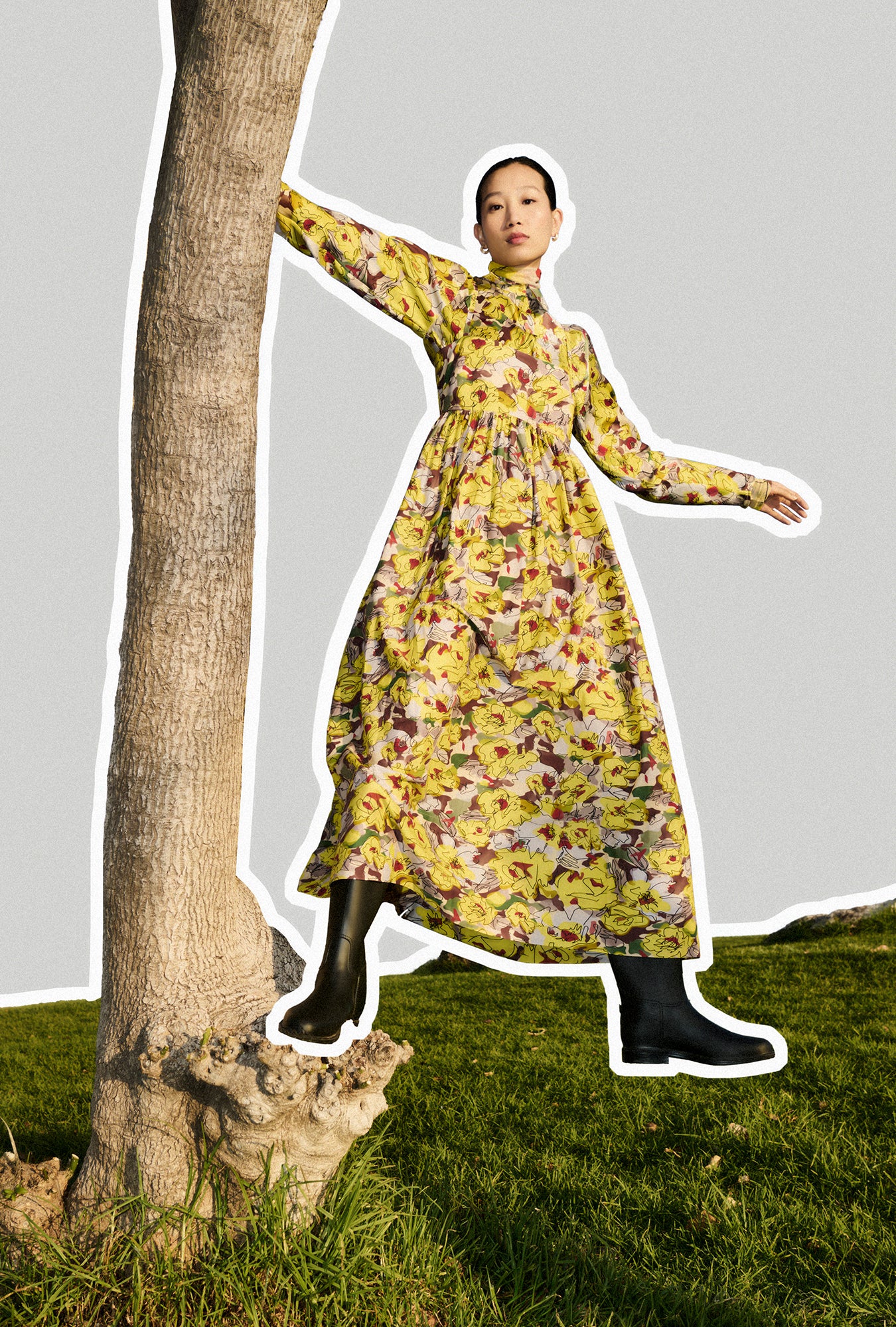 COTTON SILK TULIP DRESS SUNFLOWER FLORAL