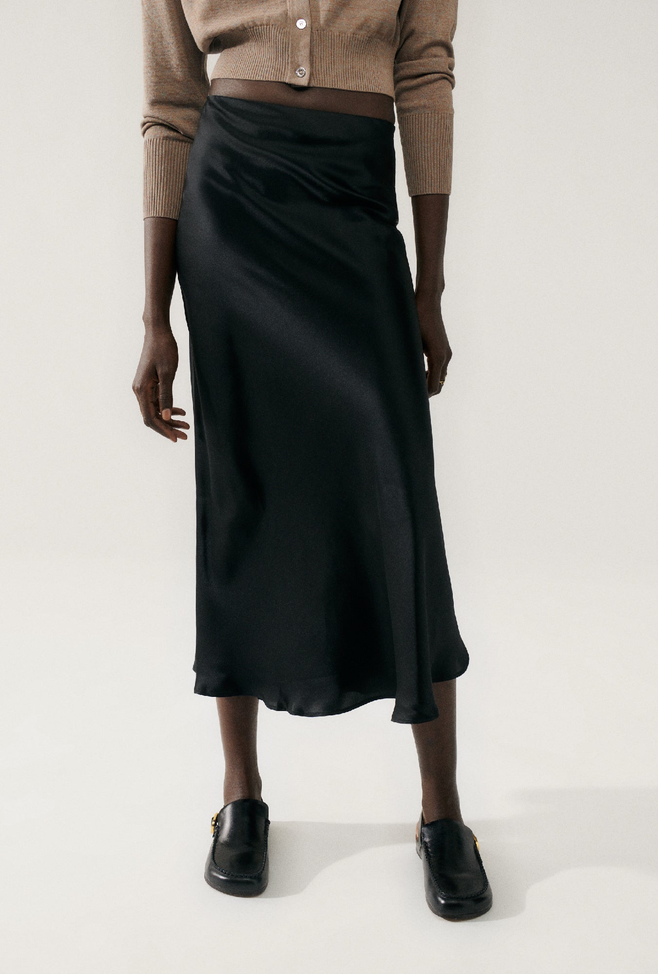 LONG BIAS CUT SKIRT BLACK SATIN